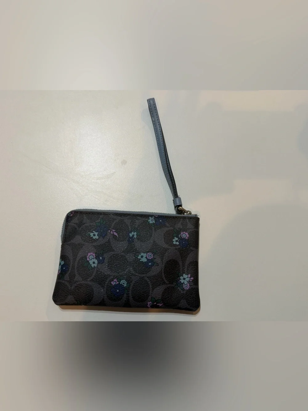 Coach Black Floral Signature Corner Zip Wristlet with Purple & Blue Accents